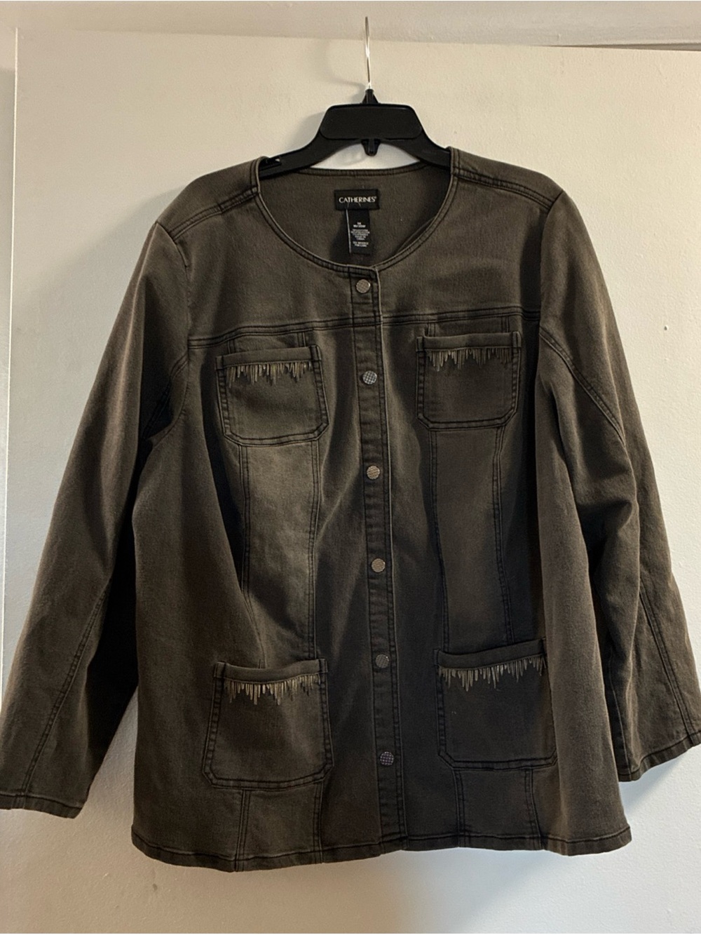Catherines Charcoal Grey Grunge Collarless Jean Jacket with Fringe Trim